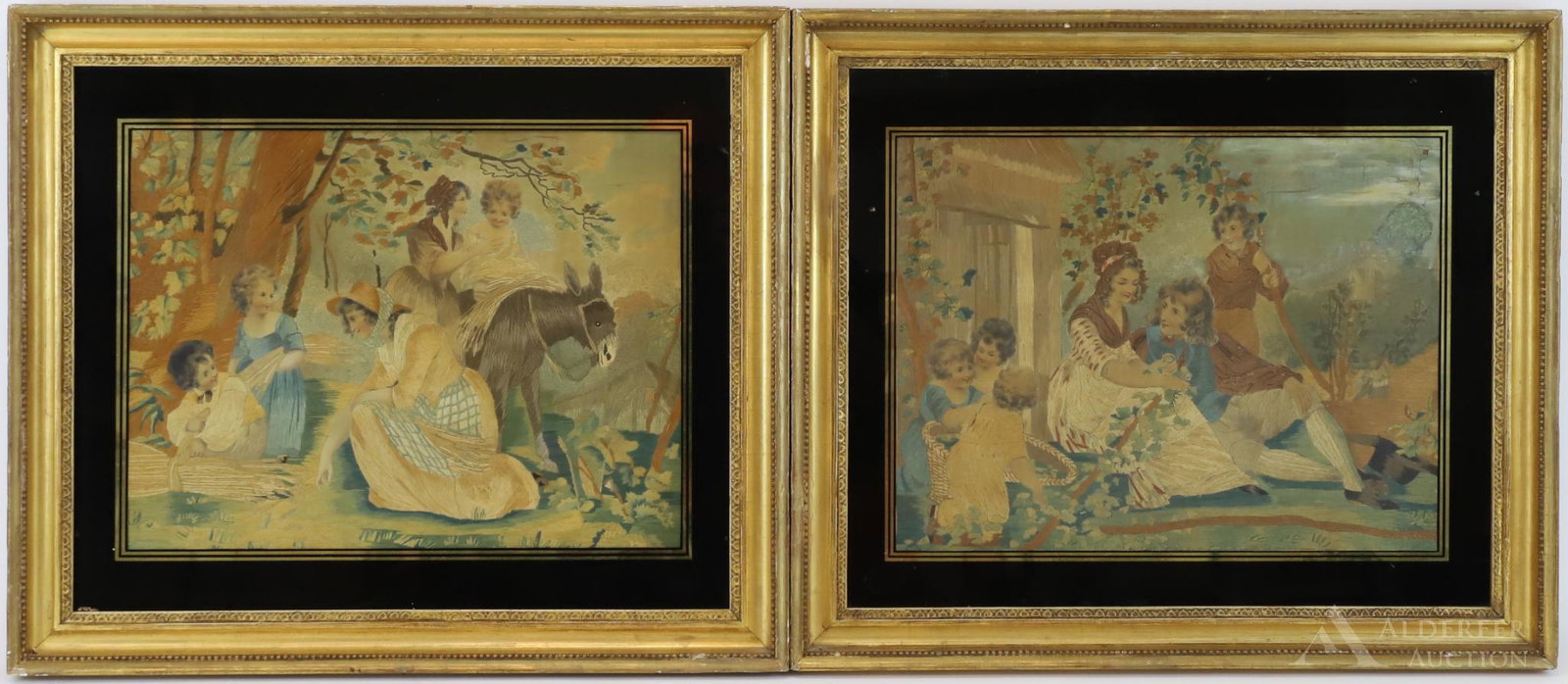 English Needlework Pictures: Pair of complementing embroidered linen and silk pictures depicting adults and children in an outdoor seating. 11"h x 14.5"w sight and 17.5"h x 20.25"w