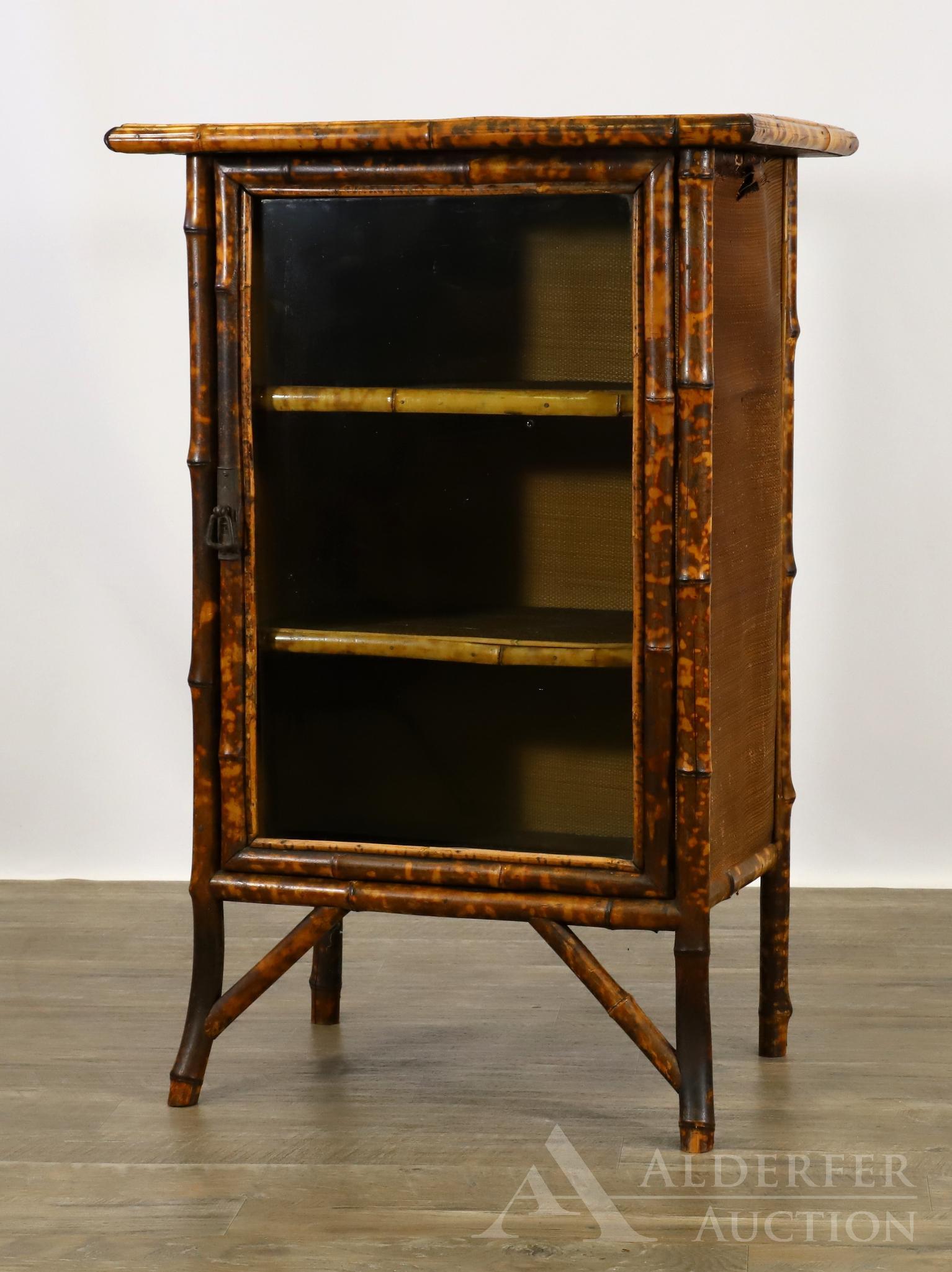 Bamboo and Lacquered Side Cabinet: Floral and aviary painted top, one door, three shelves, burlap side covers, on swept legs. Glass panel to the door needs reassembly. 37"h x 24.5"w x 16.5"d