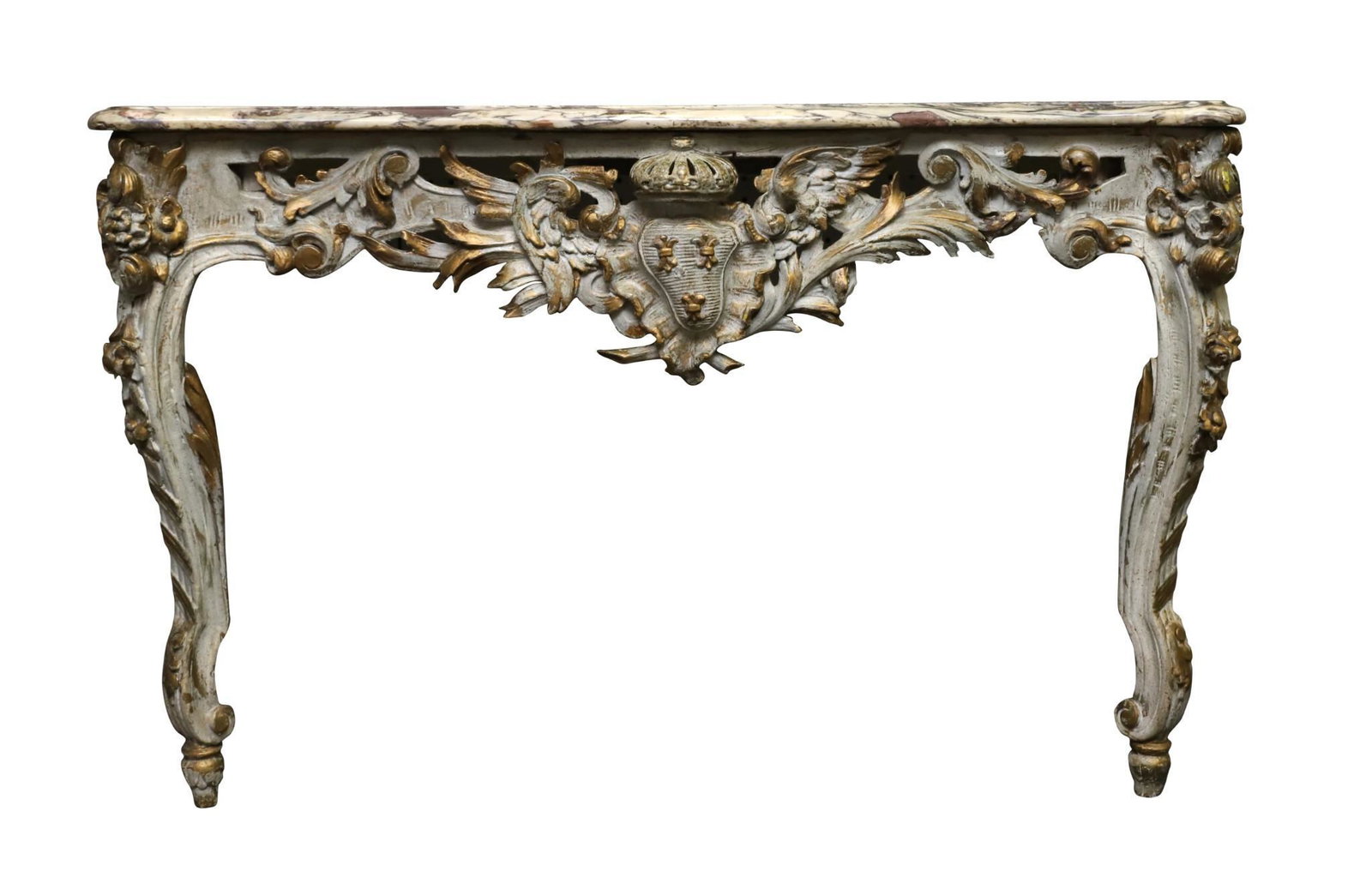 Italian Ornate Carved Gilt and Milk Painted Pier Table: Marble top. Crown, c-scroll, and winged frieze with foliate accents on cabriole legs raised on tapered circular legs. 31"h x 48"w x 16"d