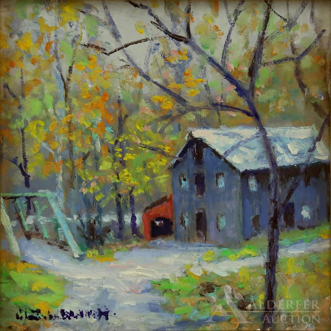 Christopher Willett (Born 1959): Oil on board, "Stemplers Mill Upper Black Eddy Bucks County", SLL, titled and signed en verso. 5"h x 5"w and 6.75"h x 6.75"w framed