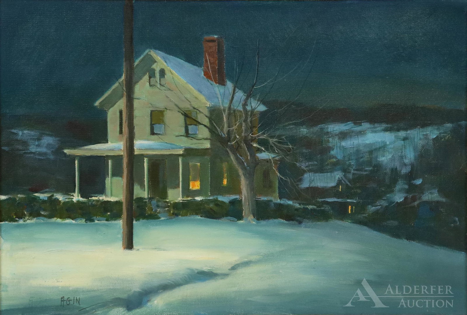 Cardhuff Agin (mid 20th century): Oil on canvas, SLL. Winter evening architectural landscape. 12"h x 18.5"w and 18"h x 23.5"w framed