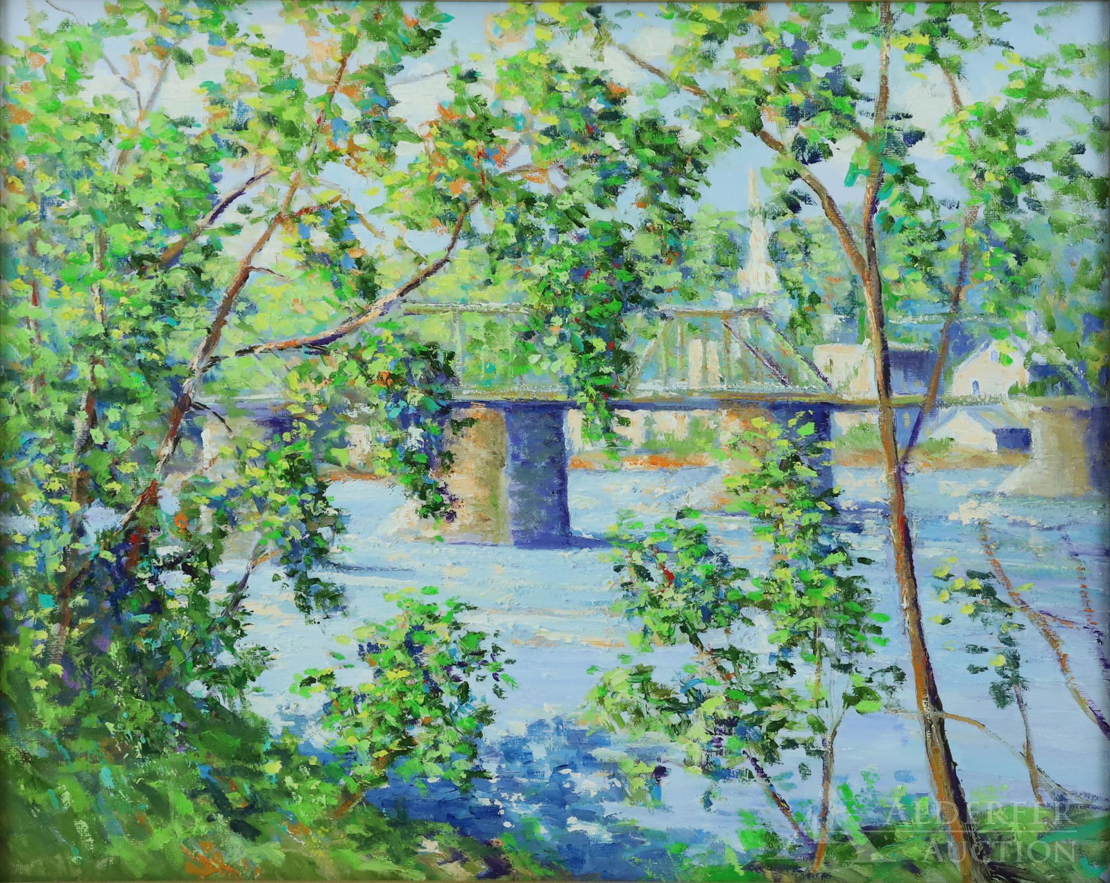 Christopher Willett (born 1959): Oil on canvas, signed en verso. River landscape peering through brush to a trestle bridge. 16"h x 20"w and 19.5"h x 23.5"w framed