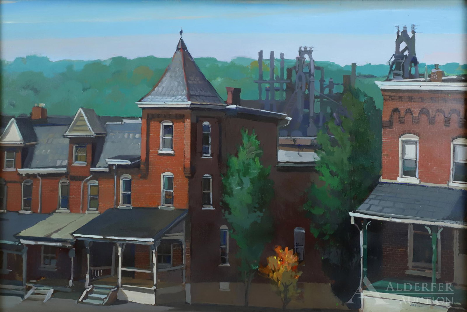 Ben Marcune (1935-2018): Oil on board, SLR. Urban landscape featuring south side, Bethlehem, Pa. 23.5"h x 35.5"w and 25"h x 37"w framed