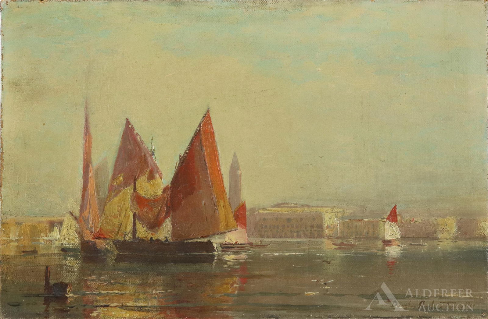 Douglas Arthur Teed (1864-1929): Oil on canvas, SDLR, 1913. Busy European harbor with city in background. 10”h x 15”w