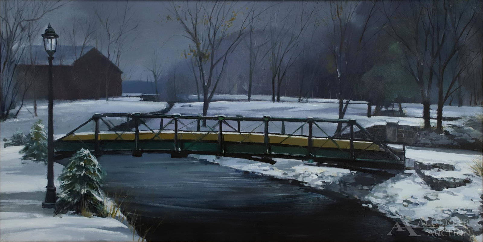 Ben Marcune (1935-2018): Oil on canvas, SLR. Walking bridge over Lehigh Canal, Bethlehem, Pa. 24"h x 48"w and 25"h and 49" w framed