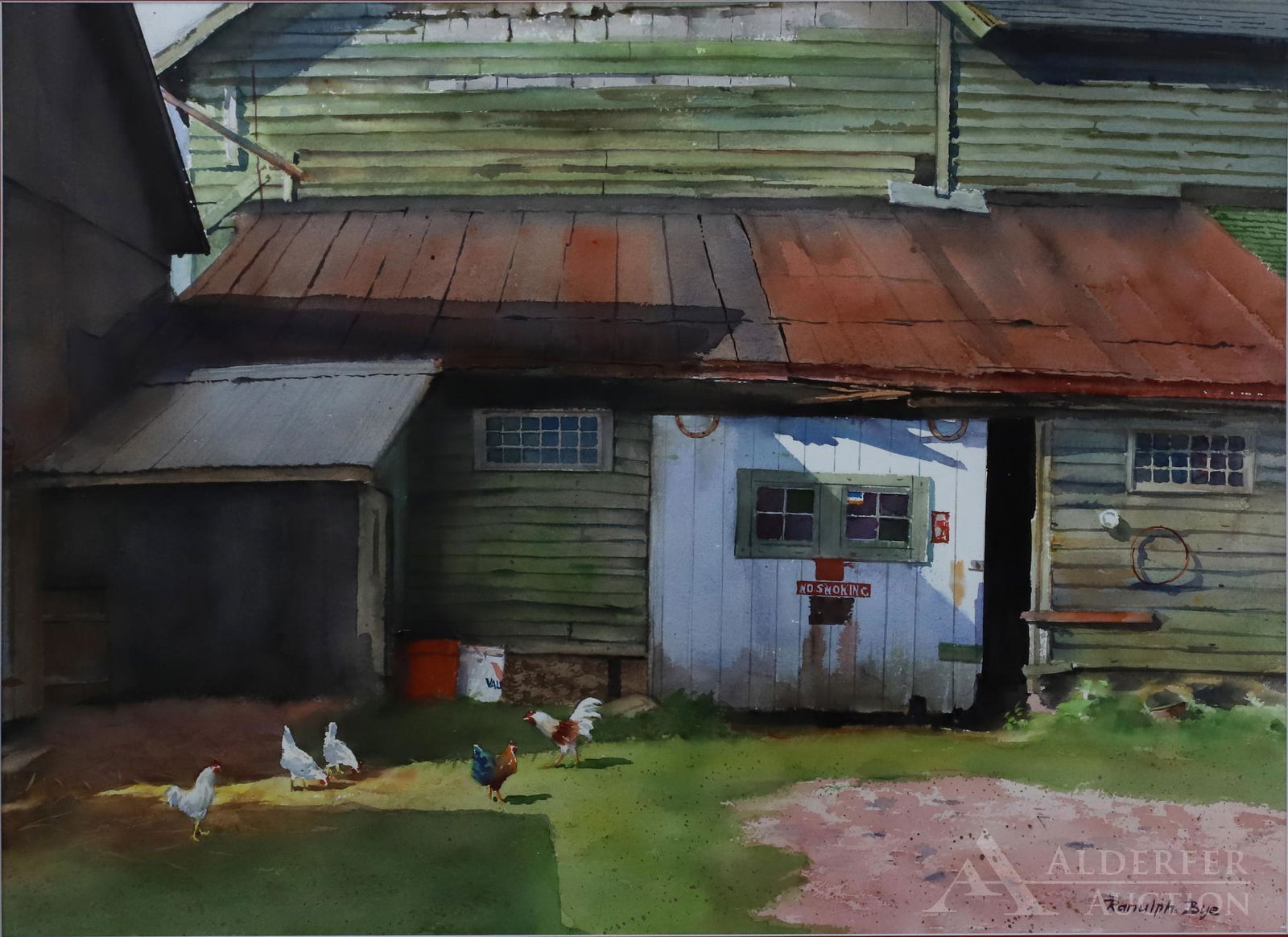 Ranulph Bye (1916-2003): Watercolor, Summer Shadows:", SLR. Barnyard scene with feeding chickens in a rustic barn setting. Featured in a Ranulph Bye Exhibition invitation. (Original copy included). 21"h x 29"w and 31"h x 38 f