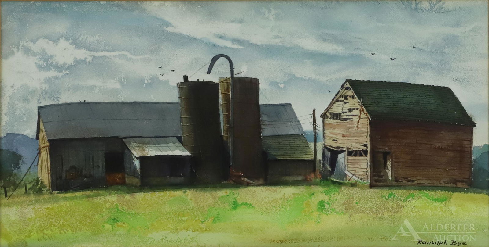 Ranulph Bye (1916-2003): Watercolor, SLR, titled and dated en verso "September", barn on Hopewell Road, Mercer County. Large barn with lean-to, silos and other outbuildings. 12"h x 23"w sight and 19.5"h x 31"w framed