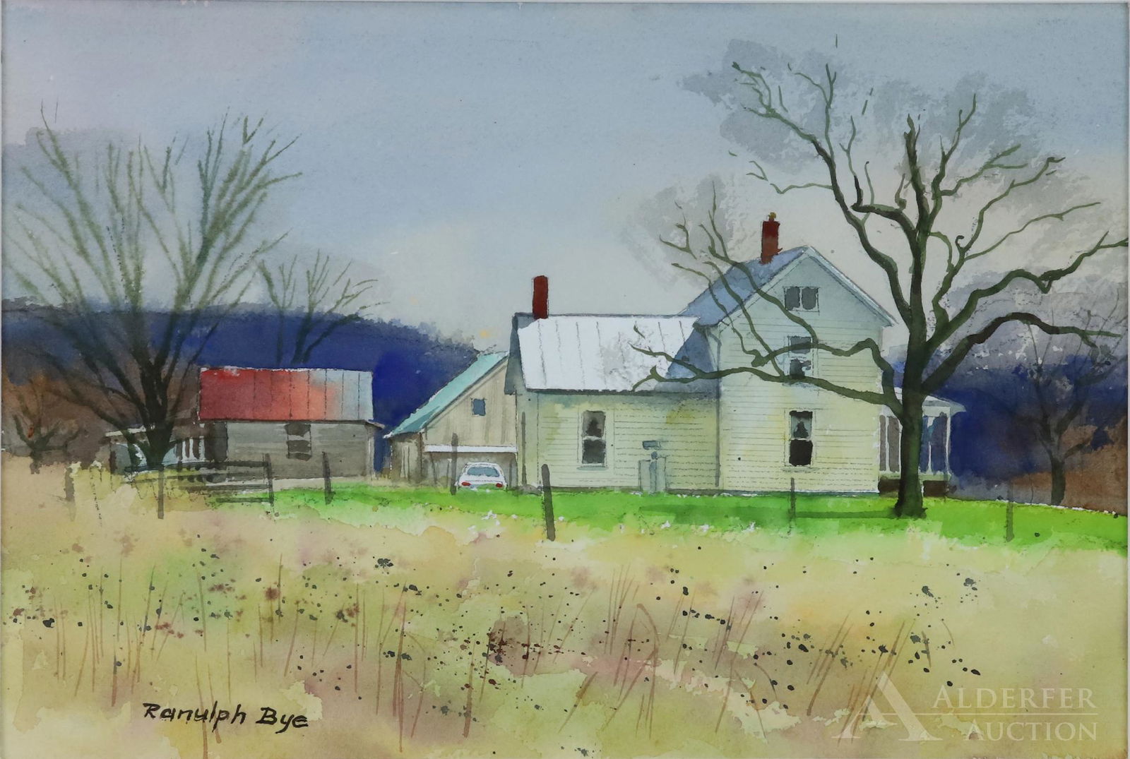 Ranulph Bye (1916-2003): Watercolor, SLL, titled and dated en verso "Farm in Ohio", May 22, 1992. White sided farmhouse with outbuildings and hayfield. 9.5"h x 13.5"w and 17"h x 21.5"w framed