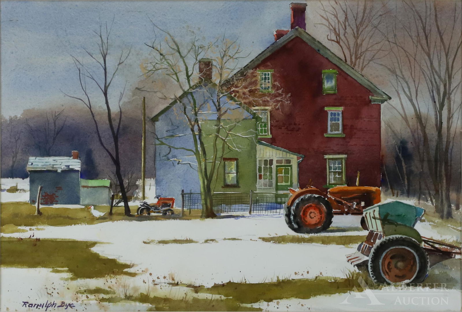 Ranulph Bye (1916-2003): Watercolor, SLL, titled and dated en verso "Waiting for Spring", March 25, 1994. Red farmhouse with outbuildings and tractors, remnants of snow on the ground. 14"h x 20"w sight and 23"h x 29.75"w fram