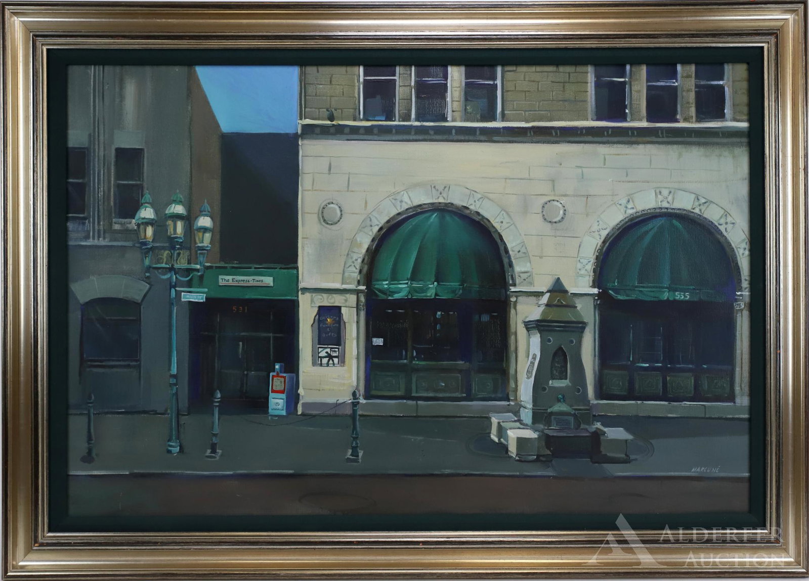 Ben Marcune (1935-2018): Oil on canvas, SLR. Main Street, Historic District, Bethlehem, Pa., featuring The Express Times Building and the Goundie House. 24"h x 36"w and 30"h x 42"w framed