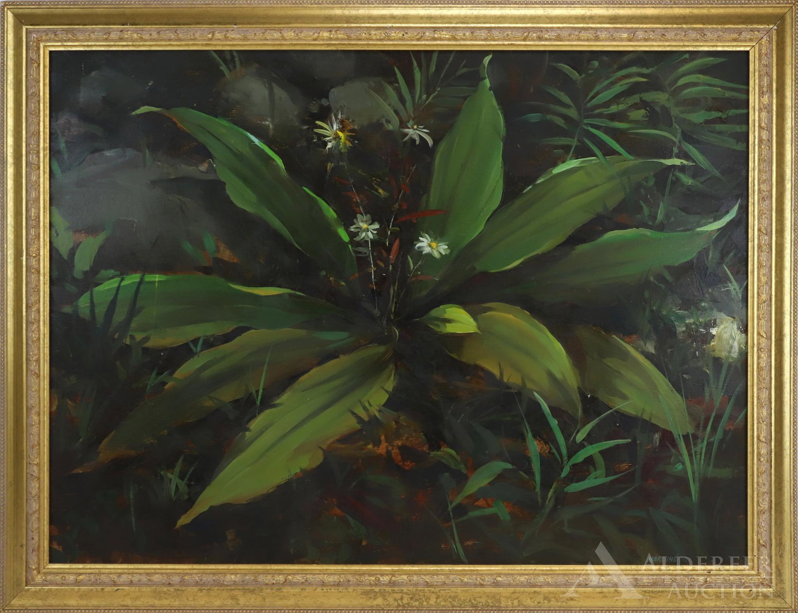 Ben Marcune (1935-2018): Oil on board, SLR. Green leafy plants and wild flowers. 23.25"h x 31.5"w and 28"h x 36.25"w framed