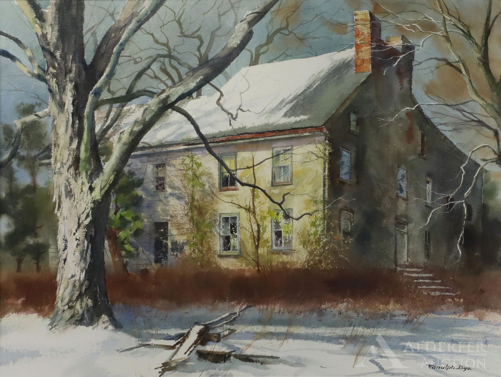 Ranulph Bye (1916 - 2003): Watercolor, "Abandoned Farmhouse, Dolington", 1982, SLR. Winter landscape of a home. 21.25"h x 26"w sight and 32"h x 39"w framed