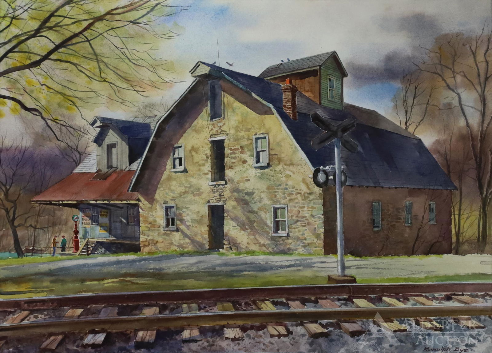 Ranulph Bye (1916 - 2003): Watercolor, "Ehrhart's Mill, Lower Saucon Township"1981, SLR. Landscape of the mill from across the tracks with the Esso gas station in the distance. 20"h x 27.5" sight and 31"h x 38"w framed