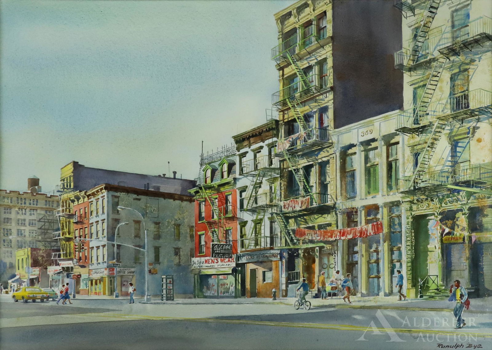 Ranulph Bye (1916 - 2003): Watercolor, "Canal Street, New York City", 1979. SLR. Urban landscape in the city with a view of apartments and shops. 27.5"h x 31"w sight and 33"h x 42"w framed