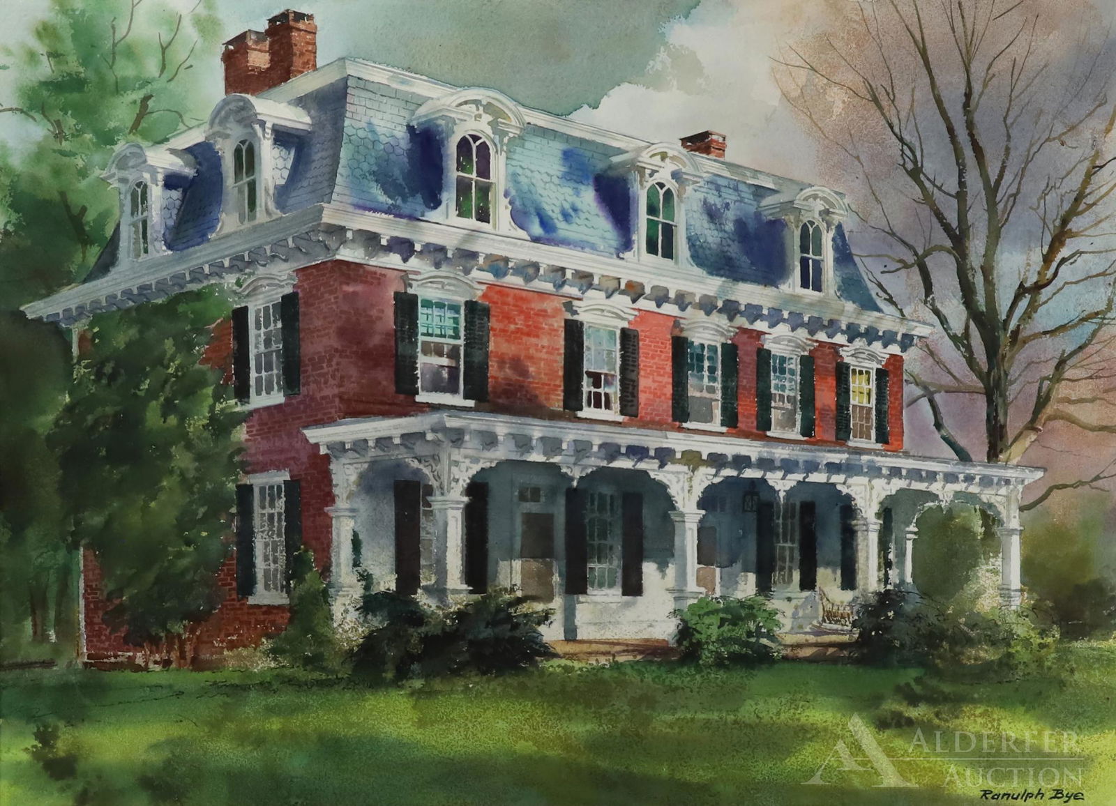 Ranulph Bye (1916 - 2003): Watercolor, "Stover House, Erwinna, Pa", 1974, SLR. Architectural landscape of the famed home. 21.5"h x 28.5"w sight and 30"h x 38"w framed