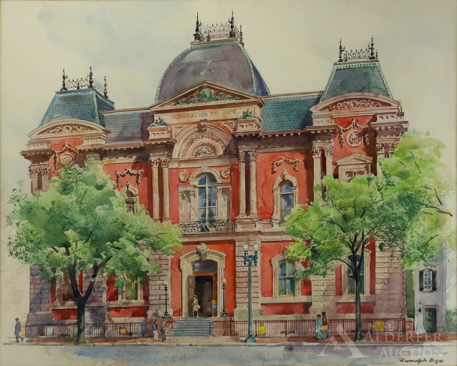 Ranulph Bye (1916 - 2003): Watercolor, "Renwick Gallery, Washington, D.C.".SLR. Architectural landscape of the Second Empire Art Museum. 22"h x 27"w (sight) and 30.5"h x 35.5"w framed.