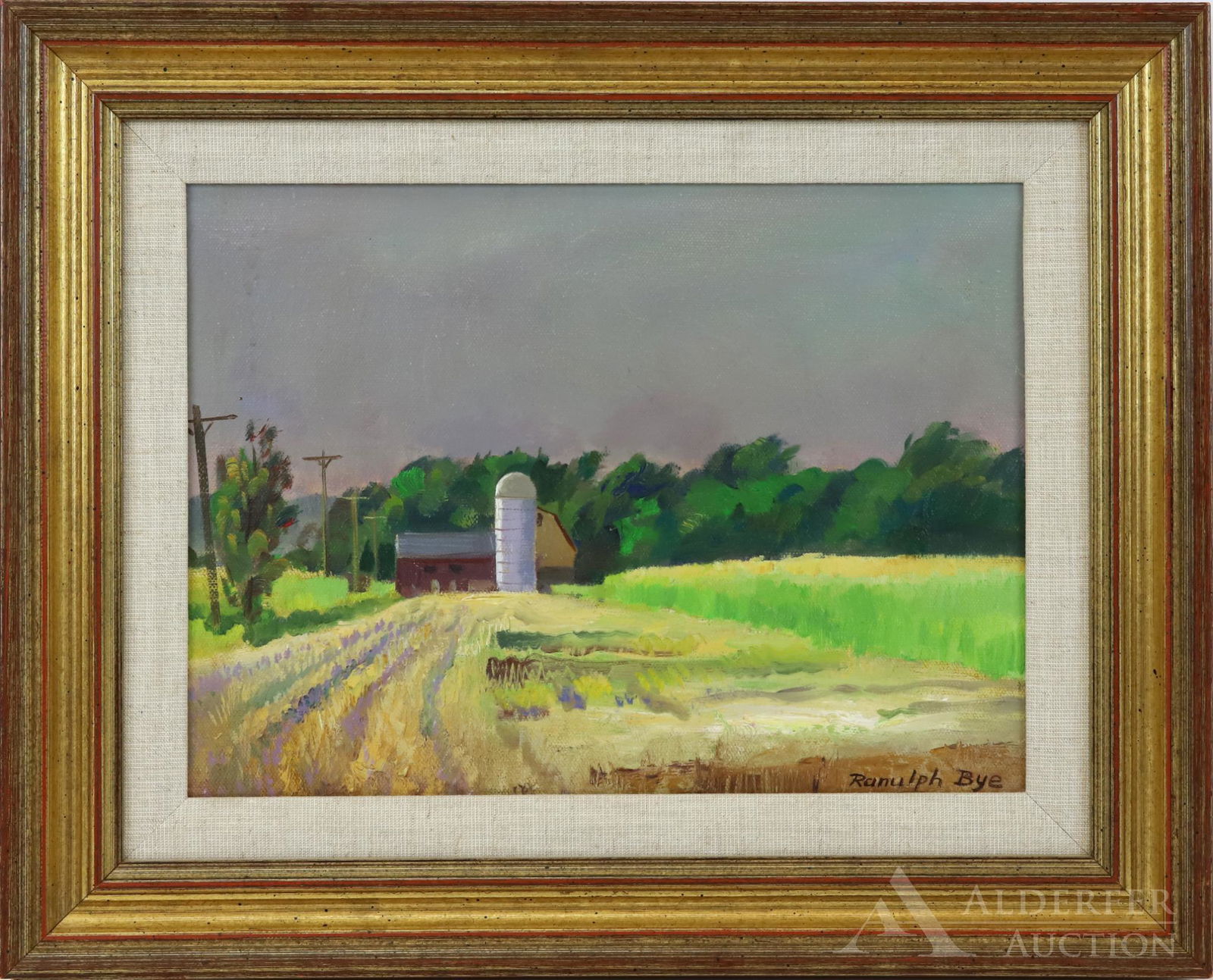 Ranulph Bye (1916 - 2003): Oil on canvas, "June Harvest", SLR. Farm landscape approaching a barn and silo. Retains Salmagundi Club Exhibition tag. 9"h x 12"w and 13"h x 16"w framed