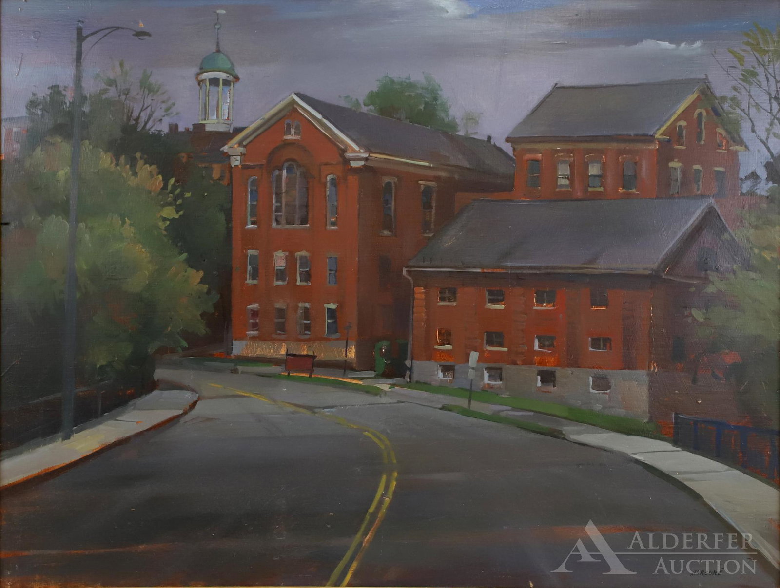 Ben Marcune (1935-2018): Oil on wood, SLR. Moravian College, Historic District Campus, Bethlehem, Pa. 23.75"h x 31.75"w sight and 25.25"h x 33"w framed