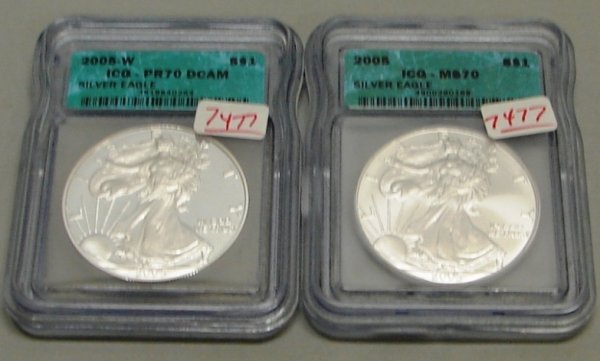 2005 AND 2005W ICG MS 70 PR 70 DCAM SILVER EAGLES