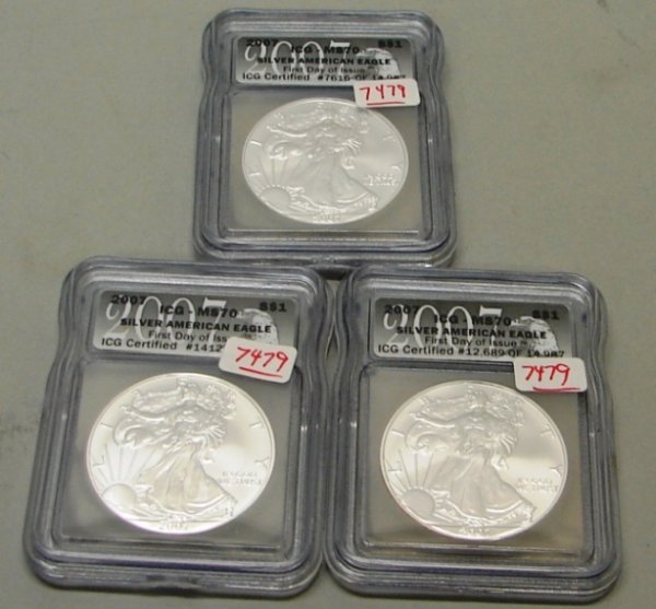 3 SILVER EAGLES 2007 ICG MS 70 FIRST DAY ISSUE