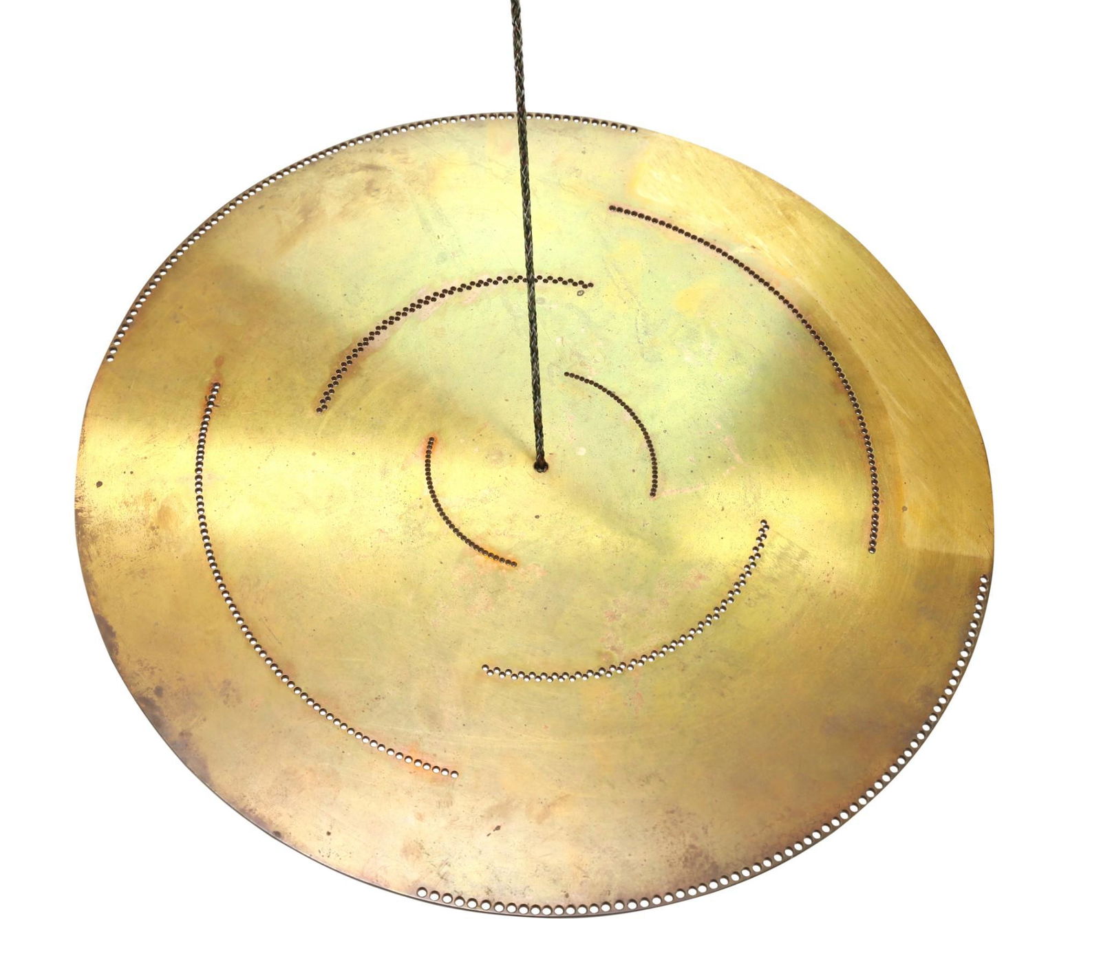 Harry Bertoia (1915-1978): A brass Harry Bertoia suspended rod sculpture converted into a gong by his son Val Bertoia. Has 477 decorative holes. Includes authentication. 16.5" round