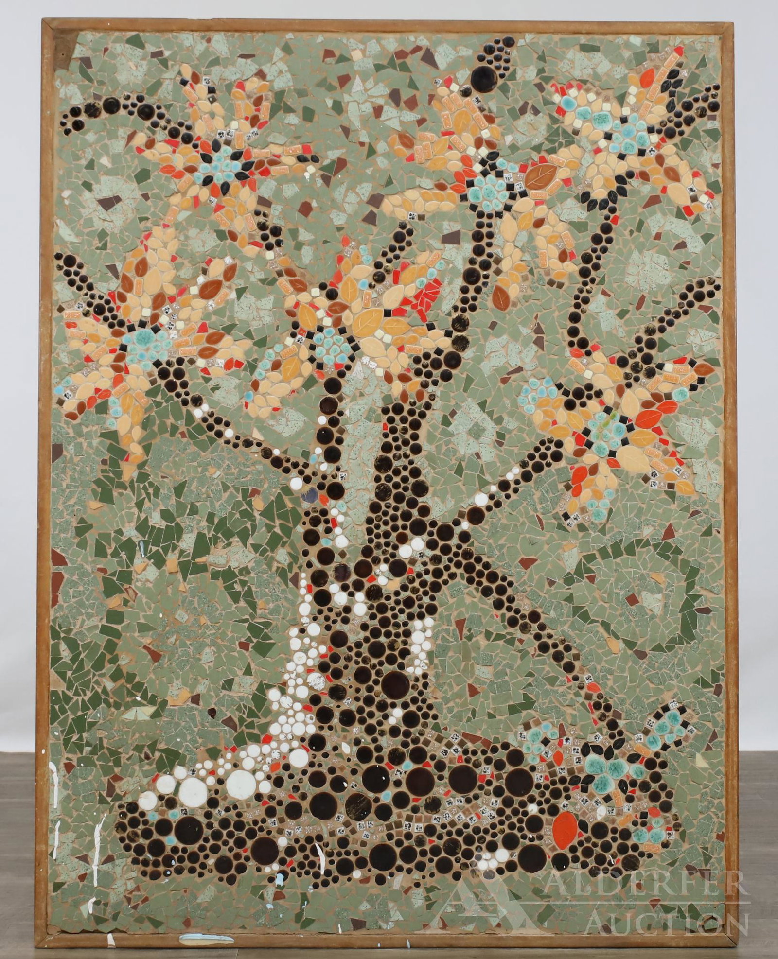 Still Life Tile Mosaic: Paint residue present along with some missing tiles. 48"h x 36"w