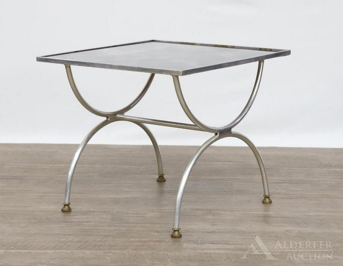 Steel Chromed U-Form Side Table: Smoke mirrored top with a double half circle frame and brass capped feet. 17.5"h x 20" x 20"d