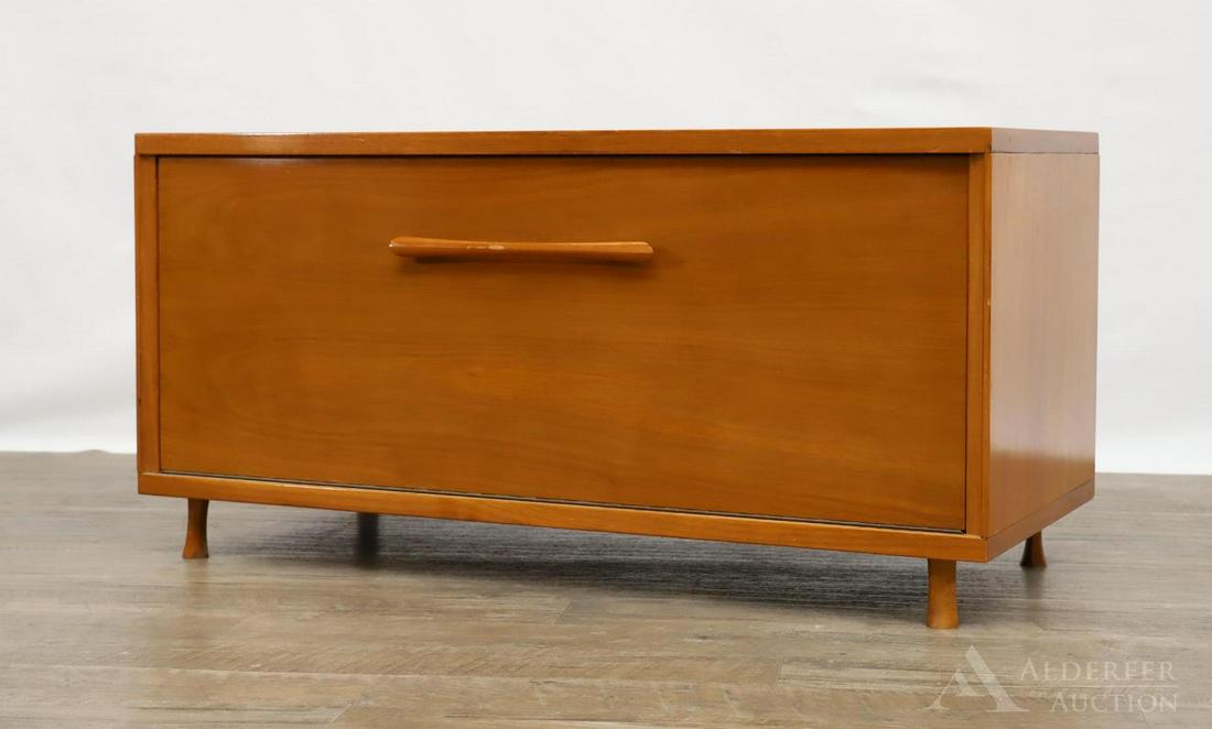 Lighted Dry Bar Attributed to Singer & Son: Walnut case with a fold down door opening to a fitted interior with a mirrored back. Back has faux door. 18"h x 36"w x 16"d