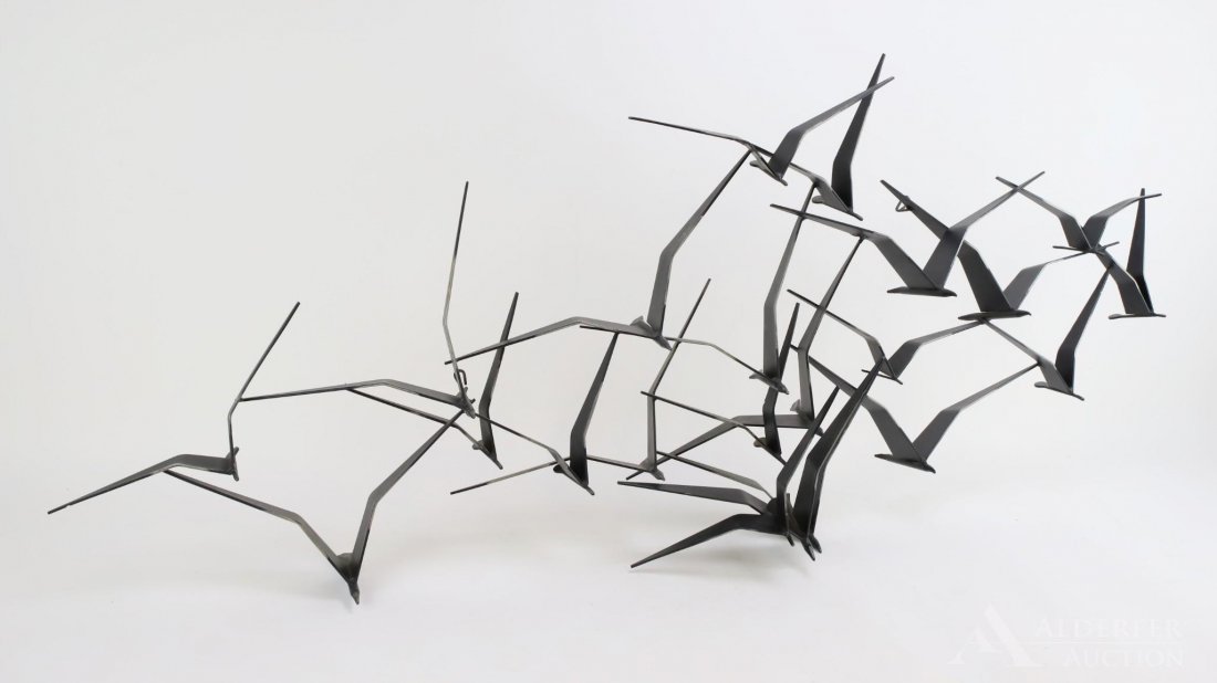Curtis Jere (1910-2008): Steel welded sculpture of a flock of seagulls in flight. SDR 1968. 22"h x 55"w
