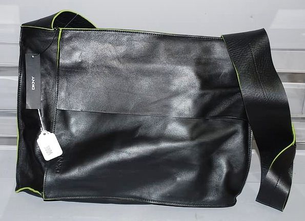DKNY Black w/ Green Trim Leather Shoulder Handbag: DKNY black with green trim leather shoulder handbag. Neiman Marcus price tag attached. SKU 163 1535 - Price $170. New condition - not used. U.S. Shipping & handling: $30 plus insurance. International