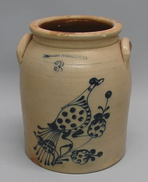Salt Glazed Stoneware 3 Gallon Crock- W. Roberts/: Stamped "W. Roberts. Binghamton, NY/ 3", decorated with bird and flower design in cobalt blue, blistering to cobalt blue design in some areas, chips, cracked and repaired handle, hairlines, 12 1/2"t.