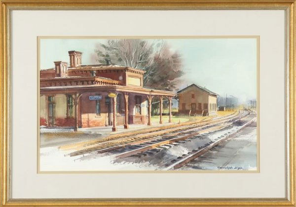 Ranulph Bye: Topton Train Station, watercolor, 13 1/2" x 22 1/4" (sight), SLR "Ranulph Bye". Artist: American, 1916 - 2003. Shipping: $150.00 plus insurance. Estimate: $1,500-2,500.