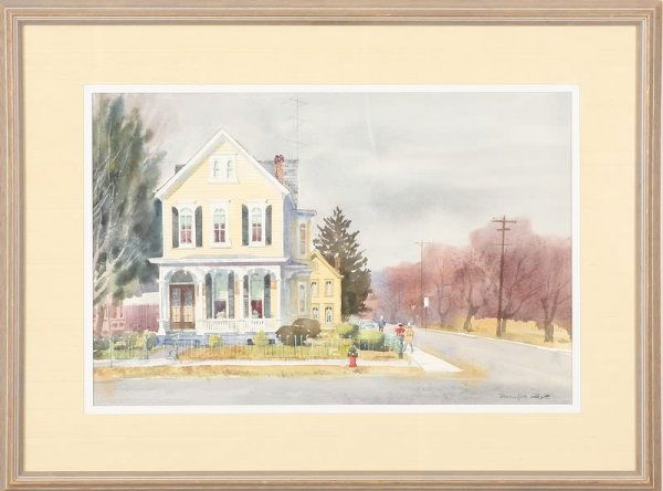 Ranulph Bye: "House on the Corner", Lambertville, New Jersey, dated Dec. 11, 1980, watercolor, 14" x 21 1/2" (sight), SLL "Ranulph Bye", titled verso. Artist: American, 1916 - 2003. Shipping: $70.00 plus insurance