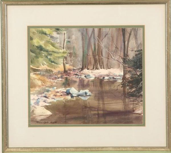 Ranulph Bye: "Tinicum Brook", March 28, 1976, watercolor, 12" x 14" (sight), SLL "Ranulph Bye", dated and titled verso. Artist: American, 1916 - 2003. Shipping: $45.00 plus insurance. Estimate: $1,000-2,000.