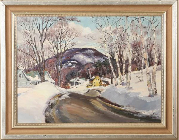 Roger Deering: Winter landscape with yellow house, oil on canvas, 18" x 24", SLR "Roger Deering". Artist: 20th century. Shipping: $70.00 plus insurance. Estimate: $800-1,200.