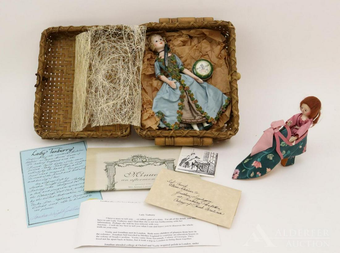 UFDC CONVENTION SOUVENIR.: Pair of dolls. MIB 9" "Lady Teaberry" an original doll by artist Sandra Wright Justiss made for "Minuet" a tea program sponsored by the Pittsburgh Doll Club and presented by the UFDC 56th Convention,