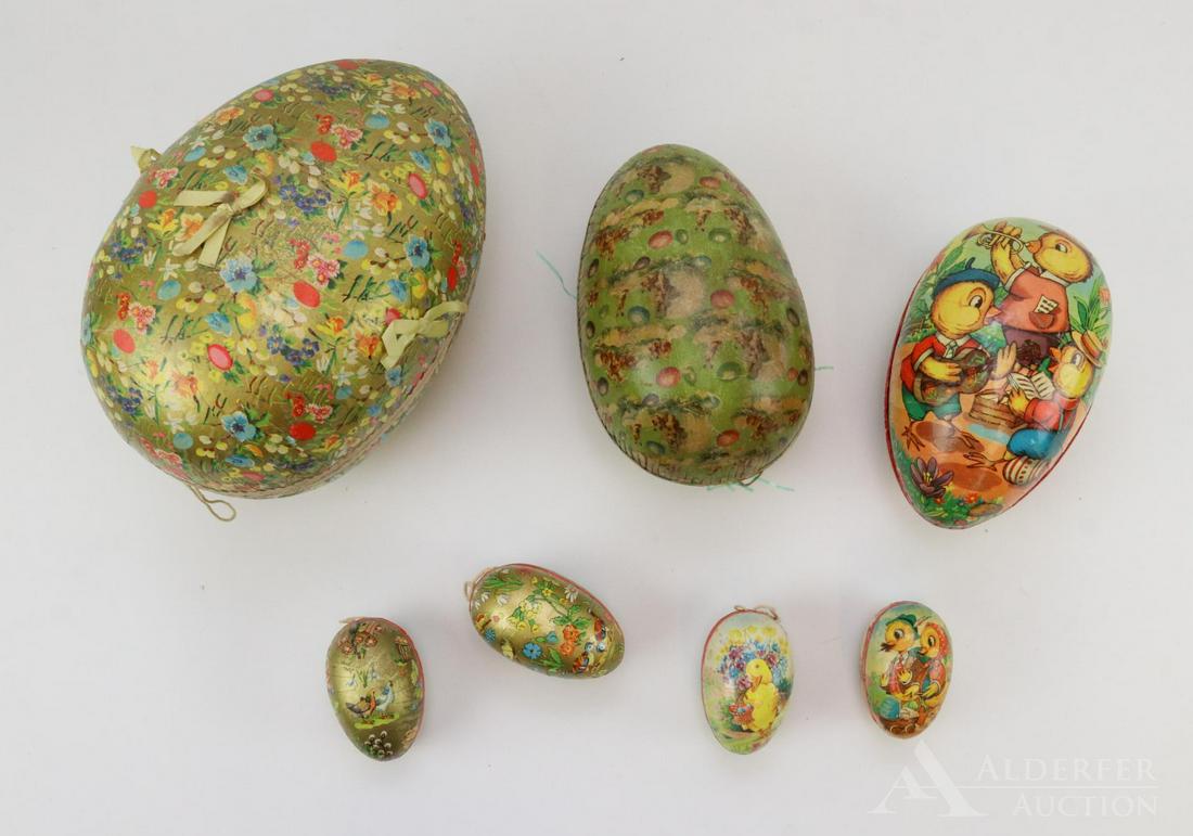 LOT OF HOLIDAY/NOVELTY.: Lot of (7) Papier mache Easter eggs. All but one, are marked Made in Western Germany. The other one is unmarked. They range in size from 3" - 11". Condition: some age loss. This lot is being sold AS I