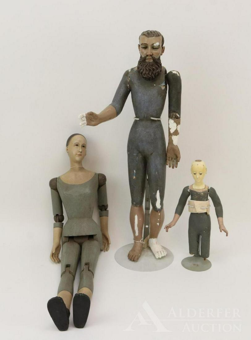 LOT OF HOLIDAY/NOVELTY.: Lot of Italian Style SANTOS/type Mannequins. Antique - 21" Male doll with heavily carved hair and beard. Glass eyes? Jointed left arm at shoulder and elbow. Condition: majior age loss. Repairs on hand