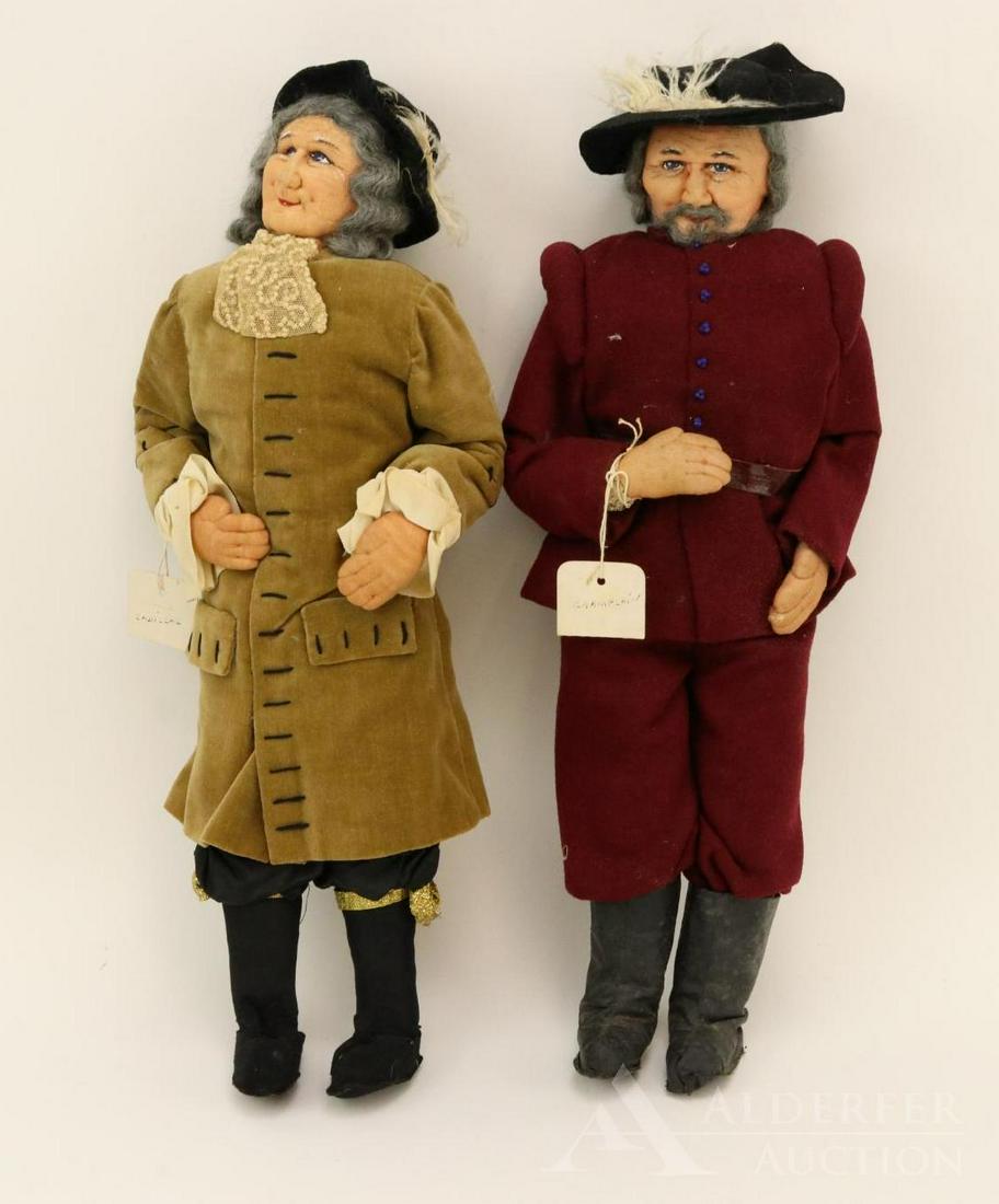 LOT OF CLOTH DOLLS.: Pair of RAVCA Historical figures. "Explorers". 18" "Cadillac" (Antoine de la Mothe 1657?-1730) and 19" "Samuel de Champlain" (1567-1635) character dolls. All original clothing. Condition: nothing obse