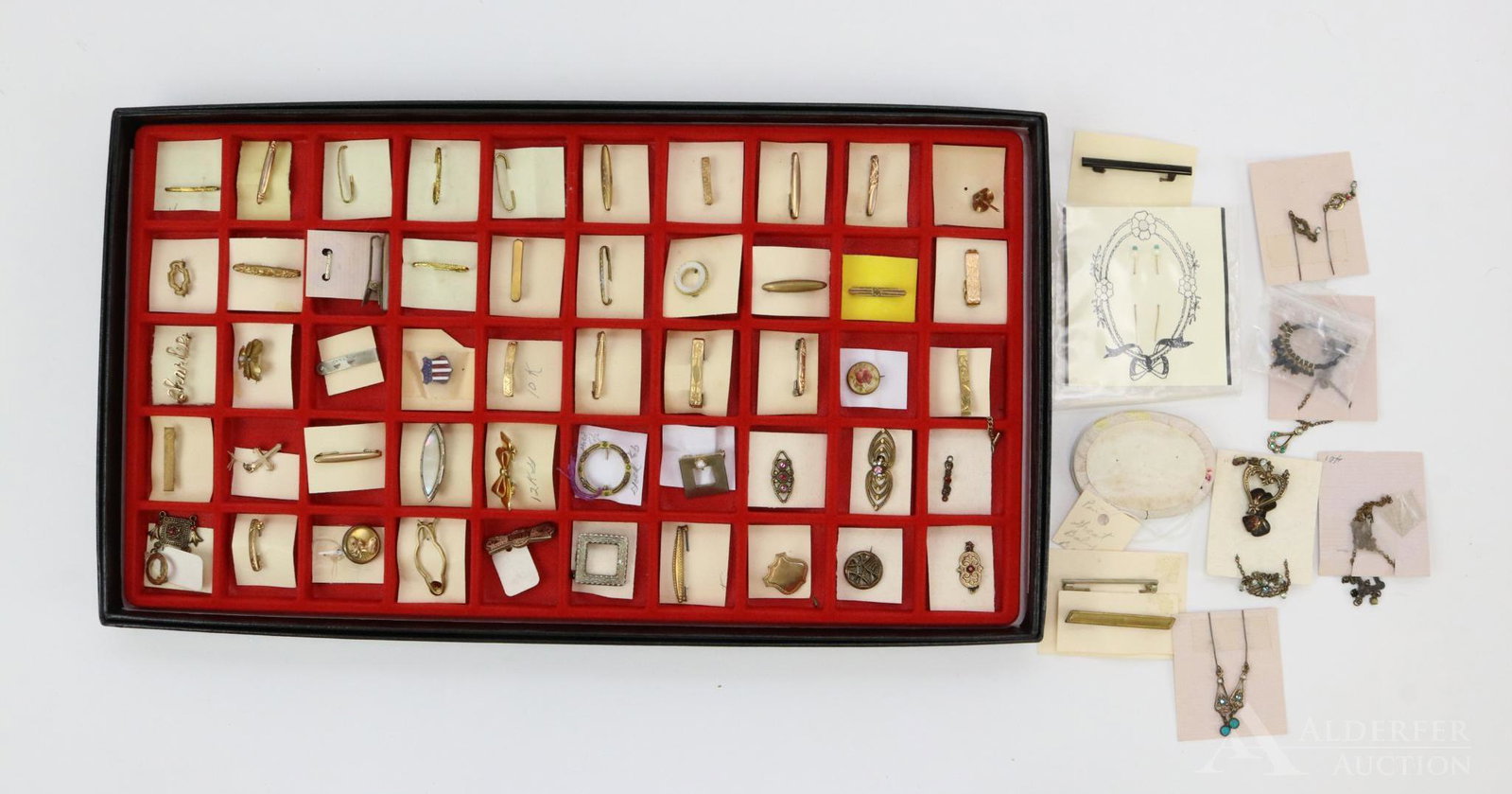 LOT OF ANTIQUE/VINTAGE ACCESSORIES.: Lot of antique/vintage jewelry for dolls. Pins - Beauty pins, mother-of-pearl, 12K, 10K, gold top, etc. Also - pierced earrings, necklaces.