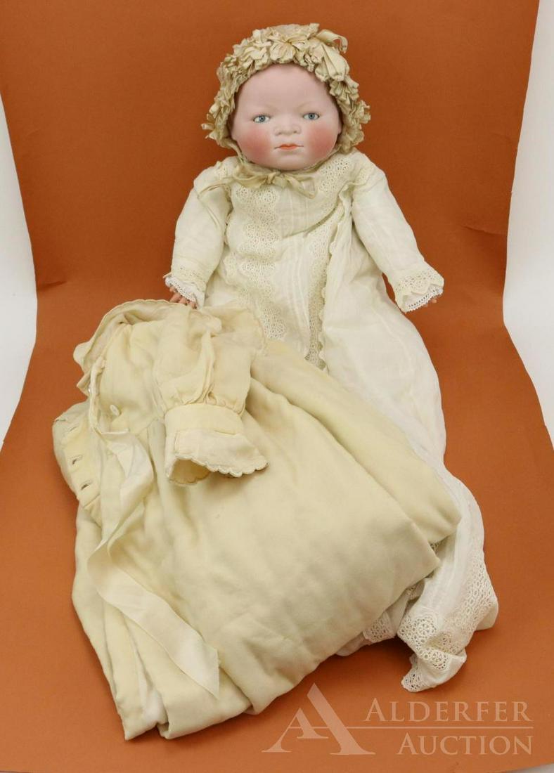 BYELO BABY LOT.: 17" Circ. bisque head doll marked Copr. By Grace S. Putnam Made in Germany. BLUE eyes, celluloid hands, vintage cloth "frog" body. Dressed in all antique clothing - beautiful gown with hand embroidere