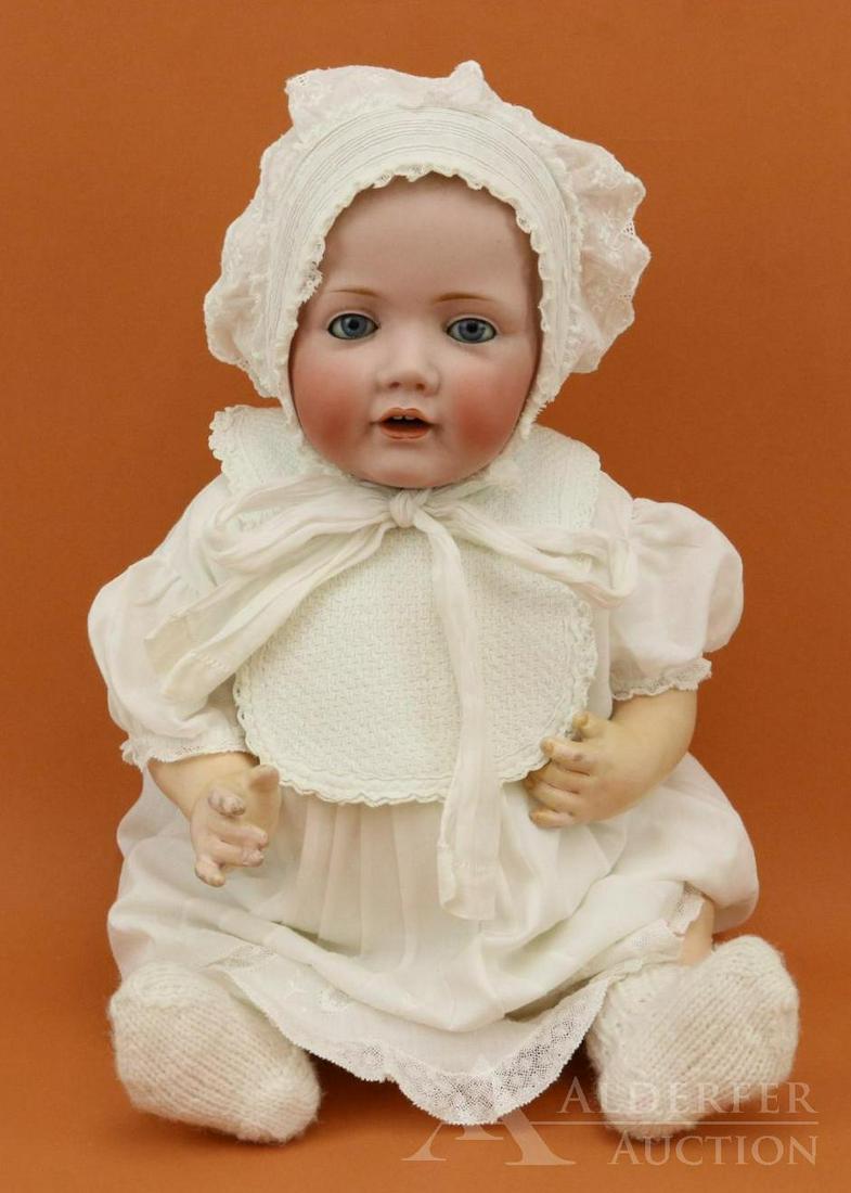 LOT OF GERMAN BISQUE HEAD BABY DOLLS.: 20" HILDA (copyright) J.D.K. jr. 1914 Ges.gesch.N.1070 MADE IN 16. GERMANY solid dome baby doll. Blue sleep eyes, open mouth, painted blonde hair. 5 Pc. papier mache bent limb baby body. Dressed in an