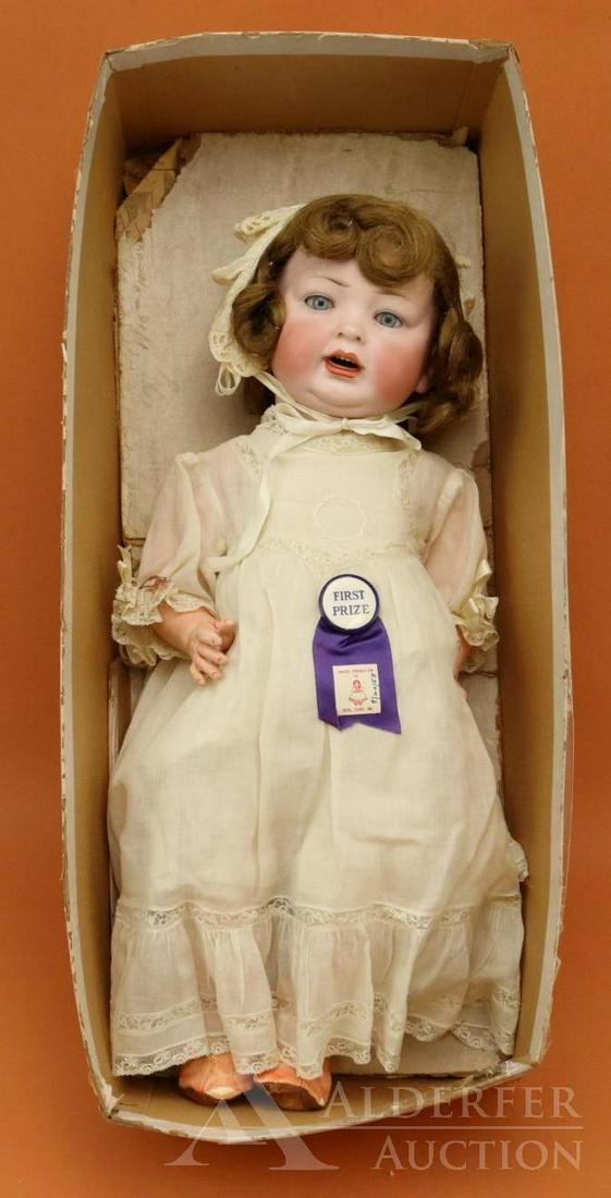 LOT OF GERMAN BISQUE HEAD BABY DOLLS.: 19" MADE IN GERMANY 152 11 character baby. An original family owned doll named "Goldie" owned by Grandma Thelma Kennedy. Blue sleep eyes, open mouth, original brown curly human hair wig. 5 Pc. papier 