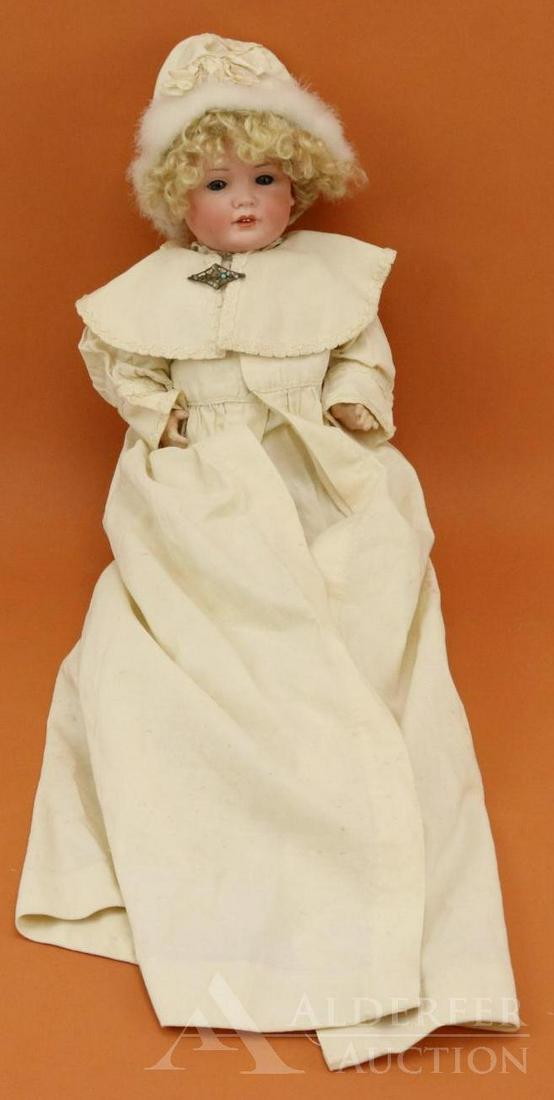 LOT OF GERMAN BISQUE HEAD BABY DOLLS.: 15" B X P O 585 7 GERMANY character baby. Blue sleep eyes, open mouth, blonde curly mohair Feidt wig. 5 Pc. papier mache bent limb baby body. Dressed in antique long coat with decorated collar, long g