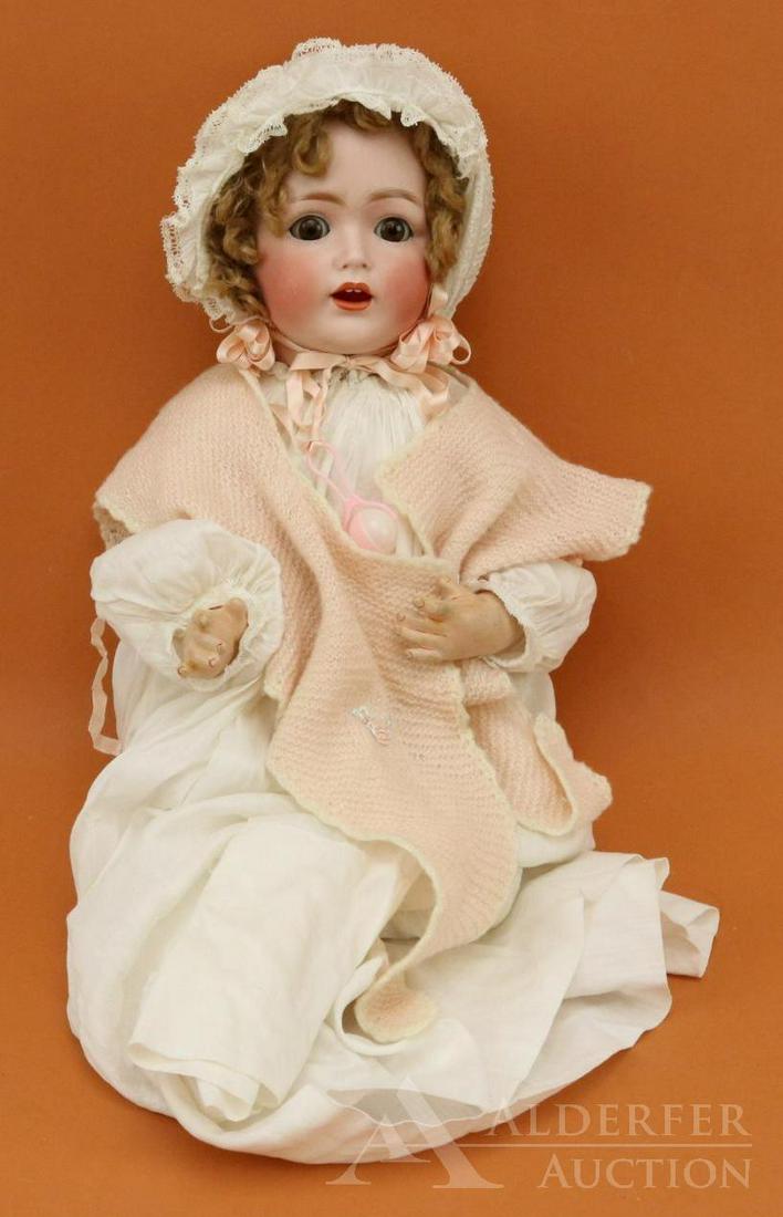 LOT OF GERMAN BISQUE HEAD BABY DOLLS.: 16" MADE IN GERMANY J.D.K. 257 character baby. Brown sleep eyes, open mouth, curly brown mohair wig. 5 Pc. papier mache bent limb baby body. Dressed in antique long gown, short petticoat, bonnet, boot