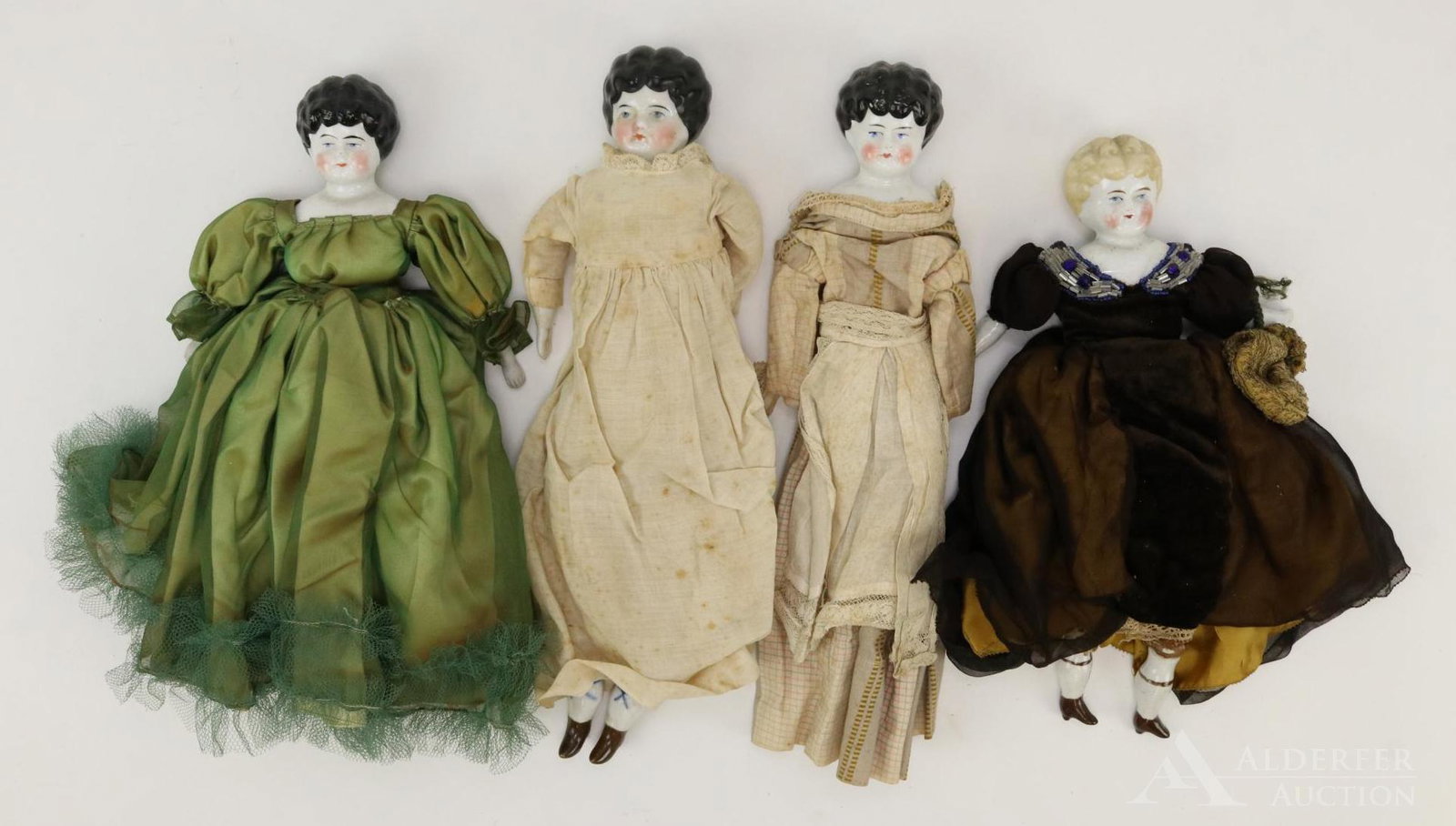 LOT OF CHINA/PARIAN DOLL(S).: Lot of (4) China Low brow dolls. Blonde - 11 1/2" Doll marked "0" has china lower limbs, antique clothing. Condition: body has age loss. Black hair dolls - 11" Doll has a vintage cloth body. Antique c