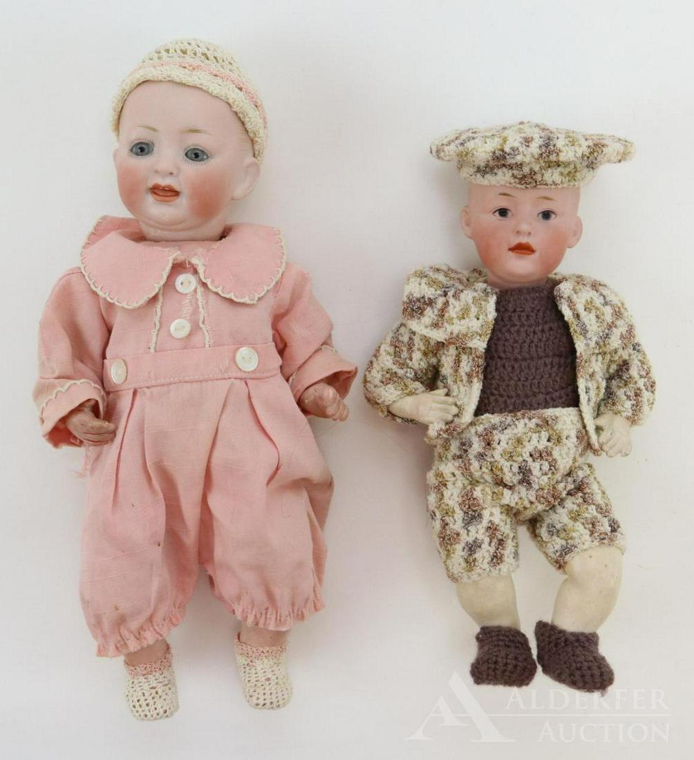 GERMAN BISQUE DOLLS, UNDER 12".: Pair of character baby dolls with solid dome heads, blue eyes, 5 pc. papier mache bent limb baby bodies. 8" Doll is marked 3/0 GERMANY 4 (Heubach). Integlio eyes, closed mouth, painted blonde hair. Dr