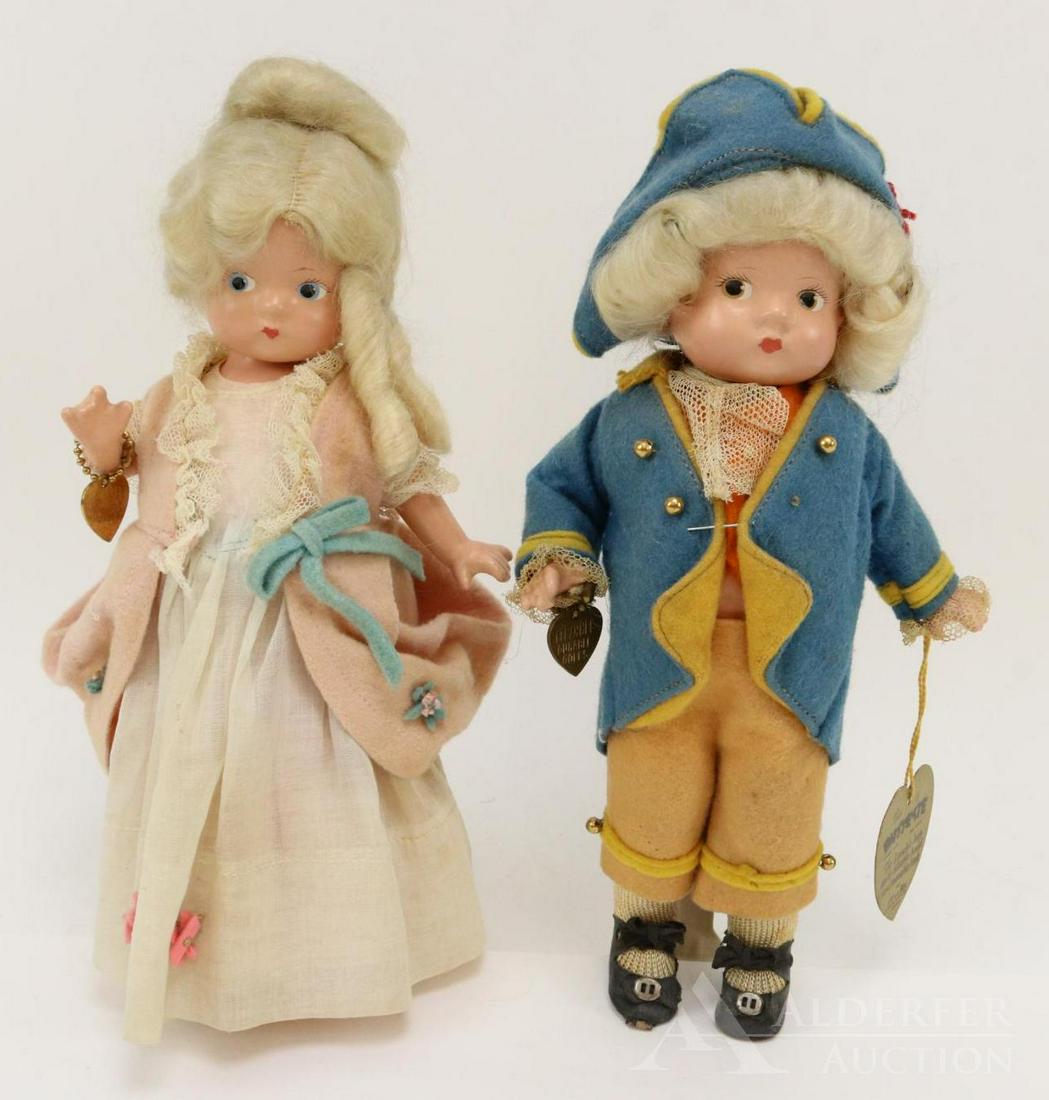 LOT OF COMPOSITION DOLL(S).: Pair of tagged, all original 9 1/2" Effanbee Patsyette dolls: George and Martha Washington. Both dolls have white mohair wigs, original felt/cotton clothing, oilcloth shoes. He has brown eyes, his han