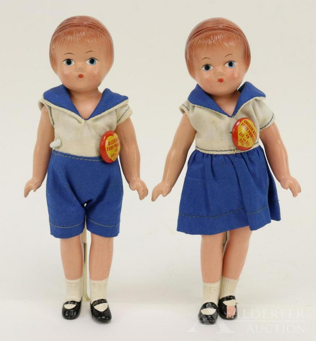 LOT OF COMPOSITION DOLL(S).: Pair of all original 5 1/2" Effanbee Wee Patsy dolls. Pin on each doll reads: Colleen Moore Fairy Princess an Effanbee Doll. Both dolls have painted red hair, blue eyes, black shoes, socks. Dressed in