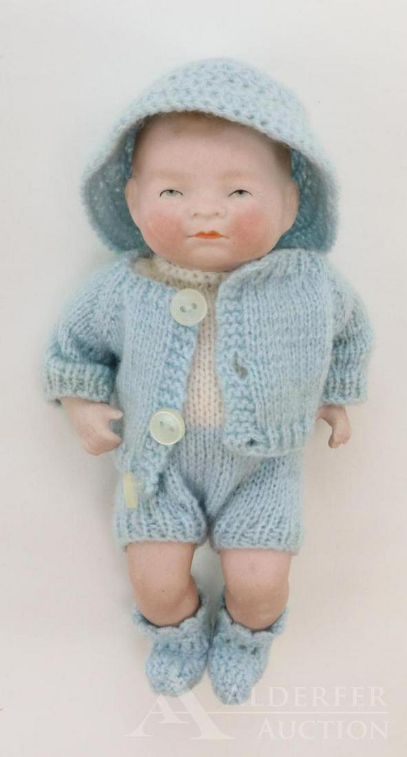 LOT OF ALL BISQUE DOLL(S).: 6 1/2" 20-16 (Byelo Baby). Painted blue eyes and light brown hair. 5 Pc. bent limb baby body. Dressed in 2-pc knit romper/sweater and crocheted hat/booties. Condition: firing imperfections on inside o